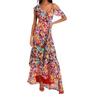 NWT Lulus Radiant Ruby Red Floral Print Chiffon Maxi Dress Wedding Guest Boho